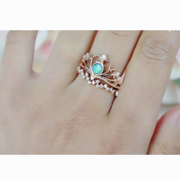 New 2pc 18K Rose Gold Plated Blue Fire Opal White Topaz Crown & Band Set. - Picture 2 of 11